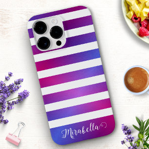 Funda Para iPhone 14 Pro Max De Case-Mate Elegante Monogramado Azul Púrpura Tiras Blancas Ro