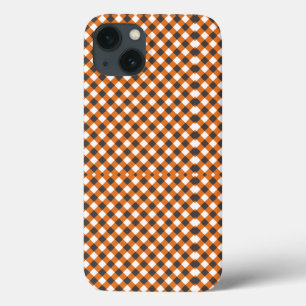 Funda Para iPhone 13 Elegante Naranja Blanco Cuadros Gingham Monograma
