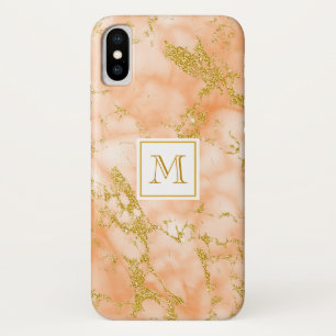 Funda Para iPhone X Elegante Naranja Marble Monograma Faux Gold Purpur