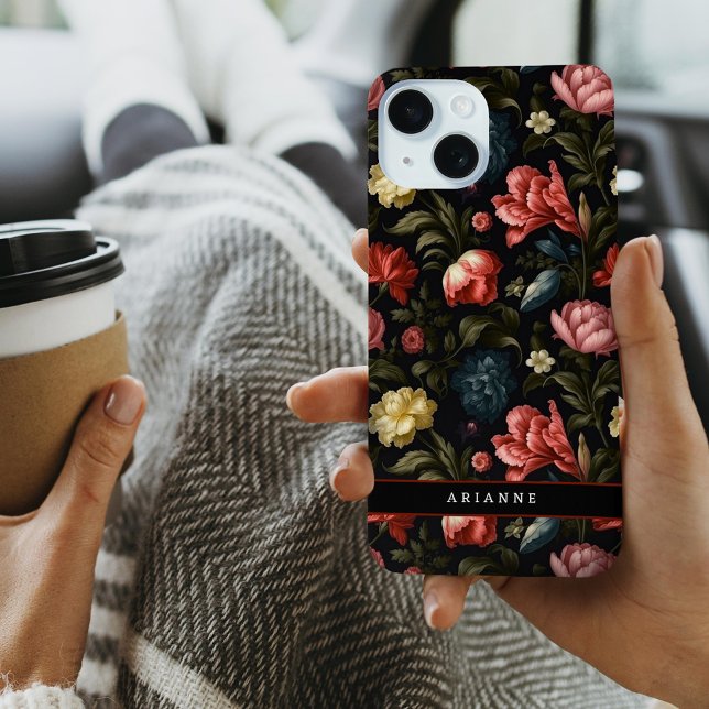 Funda De Case-Mate Para iPhone Elegante negro Fantasía floral personalizada (Subido por el creador)