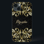 Funda Para iPhone 13 Elegante negro y falso oro y Purpurina<br><div class="desc">Elegante torbellino de oro falso y diamantes purpurina sobre damascos florales negros. Si necesita ayuda para personalizar alguno de mis diseños,  póngase en contacto con el diseñador ArtOnWear. Formato de texto gratuito con ayuda en directo disponible bajo petición.</div>