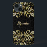 Funda Para iPhone 13 Elegante negro y falso oro y Purpurina<br><div class="desc">Elegante torbellino de oro falso y diamantes purpurina sobre damascos florales negros. Si necesita ayuda para personalizar alguno de mis diseños,  póngase en contacto con el diseñador ArtOnWear. Formato de texto gratuito con ayuda en directo disponible bajo petición.</div>