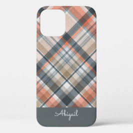 Funda Para iPhone 12 Elegante nombre con letra cursiva en cuadros grise