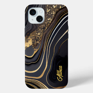 Funda Para iPhone 15 Mini Elegante nombre de Personalizable de mármol negro