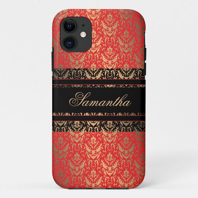 Funda De Case-Mate Para iPhone Elegante nombre personalizado rojo y dorado Damask (Reverso)