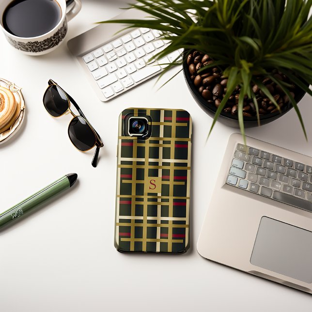 Funda De Case-Mate Para iPhone Elegante Olive Green y Gold Classic Plaid (Elegant Olive Green and Gold classic Plaid iPhone 15 Case)