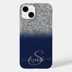 Funda Para iPhone 14 De Case-Mate Elegante Ombre de Brillo Plateado, Monograma Azul 
