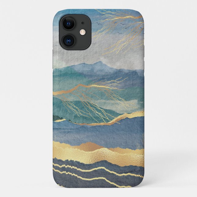 Funda De Case-Mate Para iPhone Elegante paisaje dorado azul (Reverso)