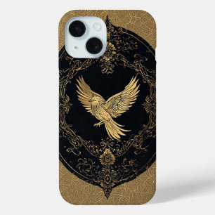 Funda Para iPhone 15 Elegante Pájaro de Oro en Marco Antiguo Ornamentad