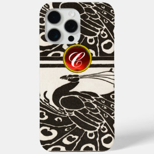 FUNDA PARA iPhone 15 PRO MAX ELEGANTE PAJARO NEGRO BLANCO RUBÍ ROJO GEM MONOGRA
