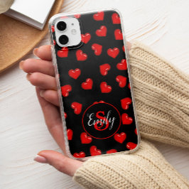 Funda Para iPhone 13 Pro Max elegante patrón de corazón rojo en monograma de Pe