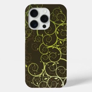Funda Para iPhone 15 Pro Elegante Patrón de Deco de Vinos Verdes Espirales 