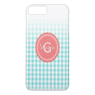 Funda Para iPhone 8 Plus/7 Plus elegante patrón de gingham turquesa monograma prep