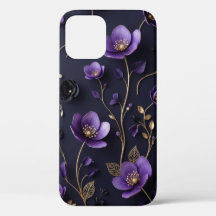 Elegante patrón floral botánico 3D púrpura y dorad