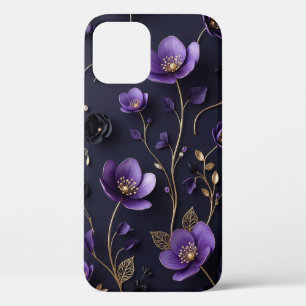Funda Para iPhone 12 Elegante patrón floral botánico 3D púrpura y dorad
