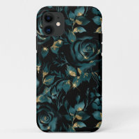 Elegante patrón floral de rosa azul verdoso y dora