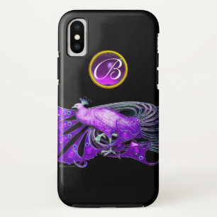 FUNDA PARA iPhone XS ELEGANTE PAVO REAL EN PÚRPURA, MONOGRAMA DE AMATIS