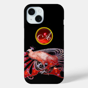 FUNDA PARA iPhone 15 ELEGANTE PAVO REAL EN ROJO, MONOGRAMA RUBÍ
