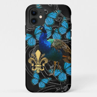 Funda Para iPhone 11 Elegante pavo real y mariposas azules sobre negro