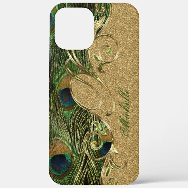 Funda De Case-Mate Para iPhone Elegante Peacock Feathers Monograma Dorado (Reverso )