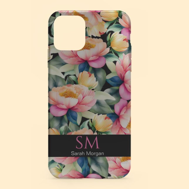 Funda De Case-Mate Para iPhone Elegante Peony acuarela sobre el Monograma Negro (Subido por el creador)