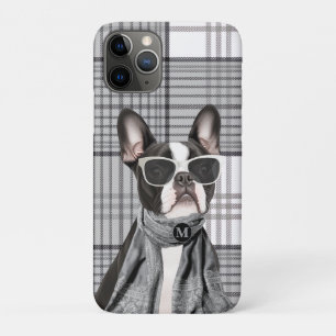 Funda Para iPhone 11 Pro Elegante perro Boston Terrier y cuadros monograma