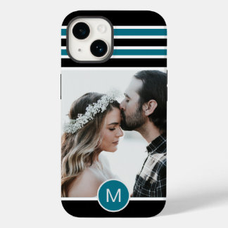 Funda Para iPhone 14 De Case-Mate Elegante Personalizado de monograma rayado azul ne