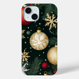 Funda Para iPhone 15 Elegante Pino de Ornamentos de Navidad de Oro Rojo
