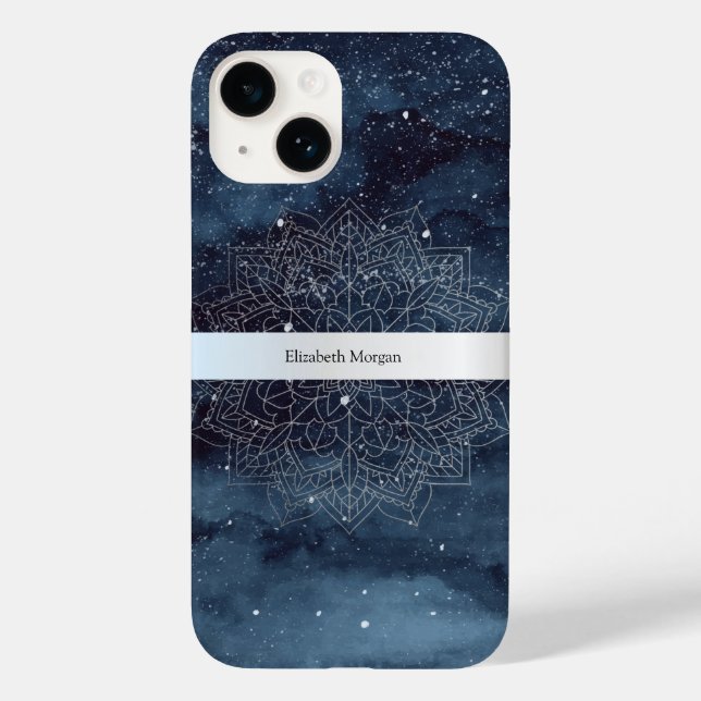 Funda De Case-Mate Para iPhone Elegante plata moderna Mandala Stripe Navy azul (Reverso )