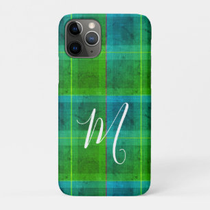 Funda Para iPhone 11 Pro Elegante preppy inicial verde y azul a cuadros esc