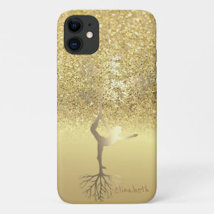 Funda Para iPhone 11 Elegante Purpurina de oro Chica de Bokeh Tree Silh
