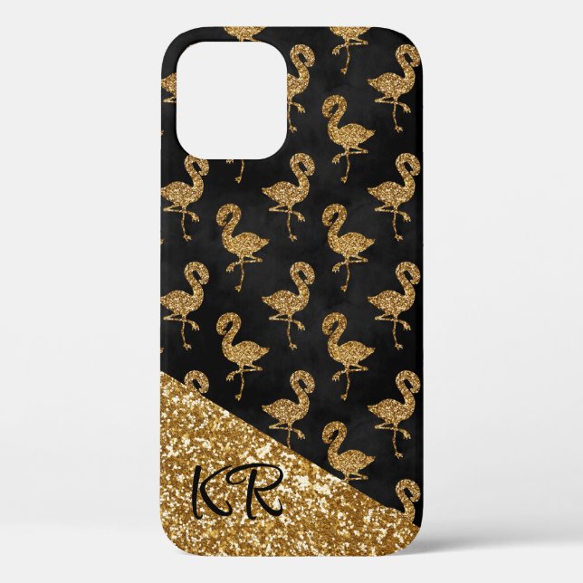 Funda De Case-Mate Para iPhone Elegante Purpurina de oro Flamingo Exótico Monogra (Reverso )
