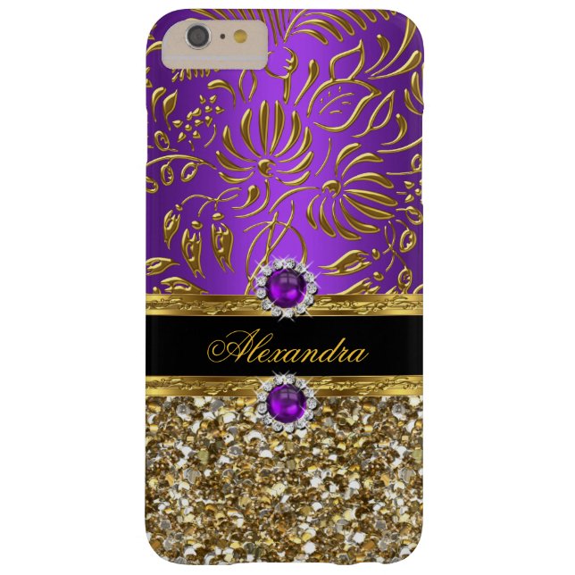 Funda De Case-Mate Para iPhone Elegante Purpurina Floral Purple Gold Damask (Reverso)