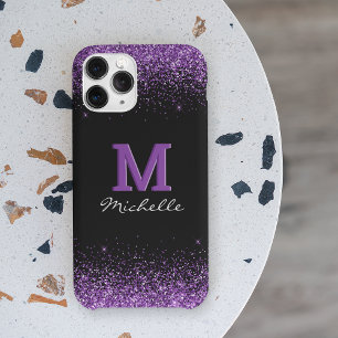 Funda Para iPhone 12 Elegante Purpurina morado monograma negro