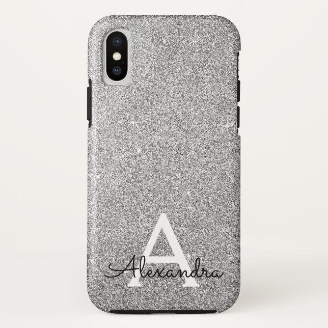 Funda De Case-Mate Para iPhone Elegante Purpurina plateado y monograma espumoso (Reverso)