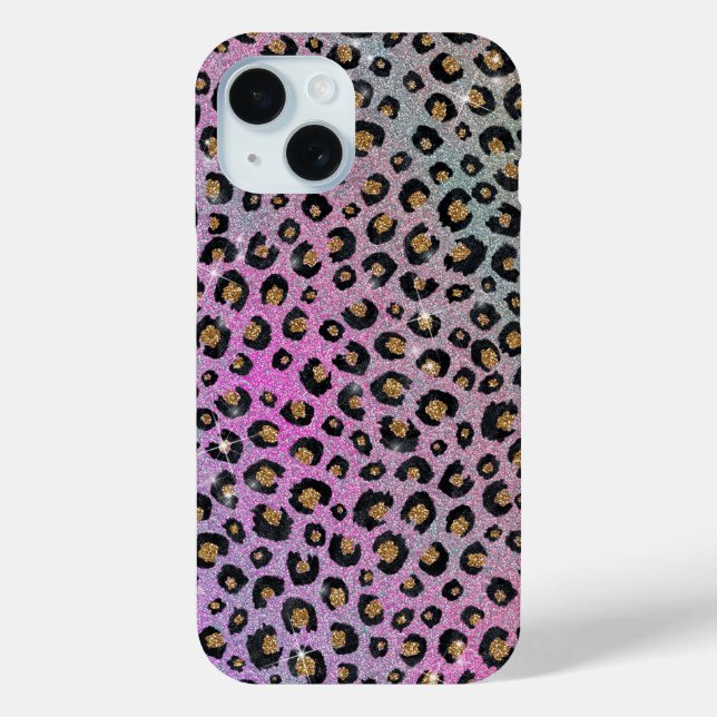 Funda De Case-Mate Para iPhone Elegante Purpurina rosa azul dorado Leopardo negro (Reverso )