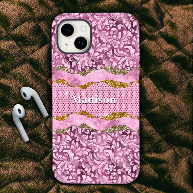 Funda De Case-Mate Para iPhone Elegante purpurinoso floral Monograma dorado púrpu (Subido por el creador)