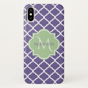 Funda Para iPhone X Elegante Quatrefoil Púrpura y Monograma Verde Nomb