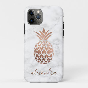 Funda Para iPhone 11 Pro Elegante rosa de cobre oro piña de mármol blanco