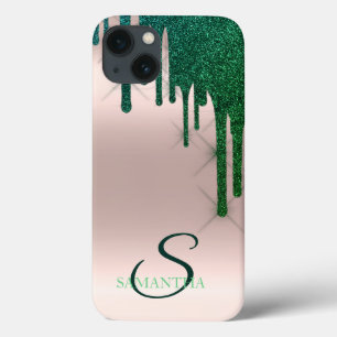 Funda Para iPhone 13 Elegante rosa dorado con gotas de brillo verdes