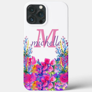 Funda Para iPhone 13 Pro Max Elegante Rosa Floral Rosa Vintage Monograma Nombre