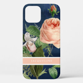Funda Para iPhone 12 Elegante Rosa floral vegetación rosa con madera ma
