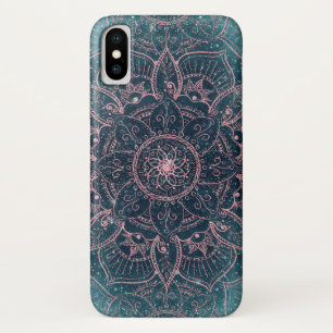 Funda Para iPhone X Elegante Rosa Gold Mandala Estrellas de nebula azu