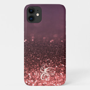 Funda Para iPhone 11 Elegante Rosa Guay Purpurina de oro Monograma Boke