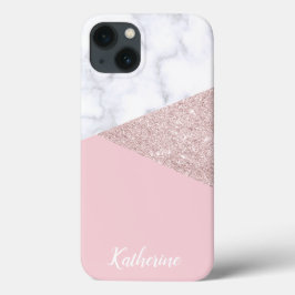 Funda Para iPhone 13 Elegante rosa  purpurina dorado mármol blanco rosa