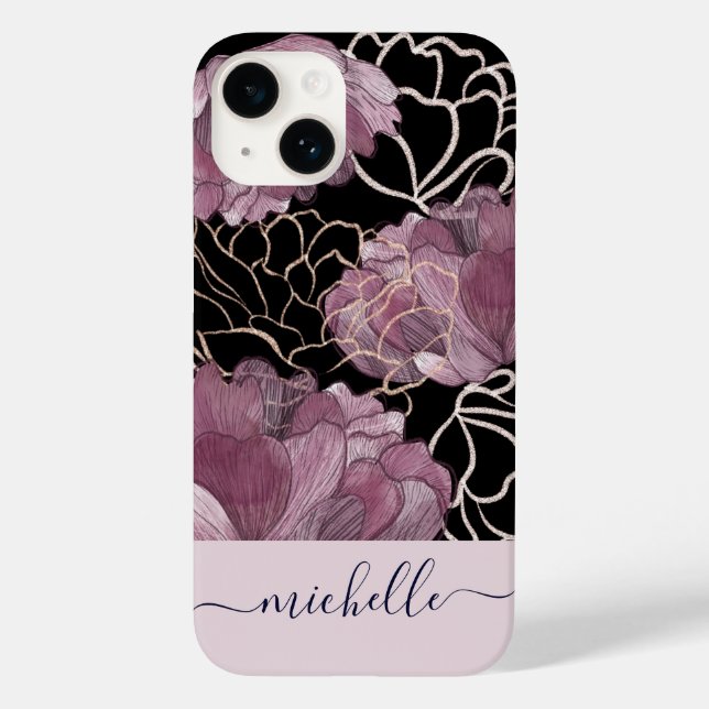 Funda De Case-Mate Para iPhone Elegante rosa y floral negra monogramado (Reverso )