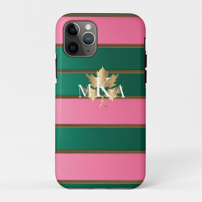 Funda De Case-Mate Para iPhone Elegante rosa y verde monogramado (Reverso)