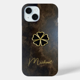 Funda Para iPhone 15 Elegante Shamrock de oro, pinta de cuero de trébol