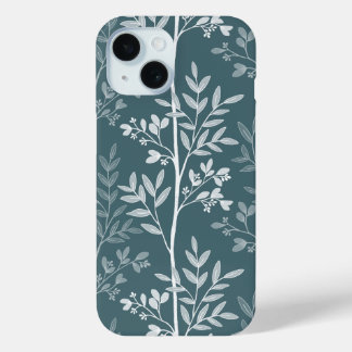 Funda Para iPhone 15 Elegante Silueta Floral Turquesa Bosque Profundo