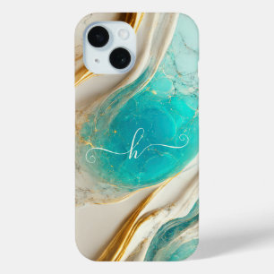 Funda Para iPhone 15 Elegante Topacio Azul Venas de Oro Mármol Monogram